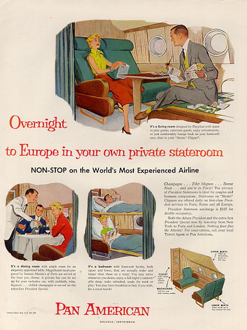 1954 An ad promoting private staterooms on Pan American Boeing B377 Stratocruisers